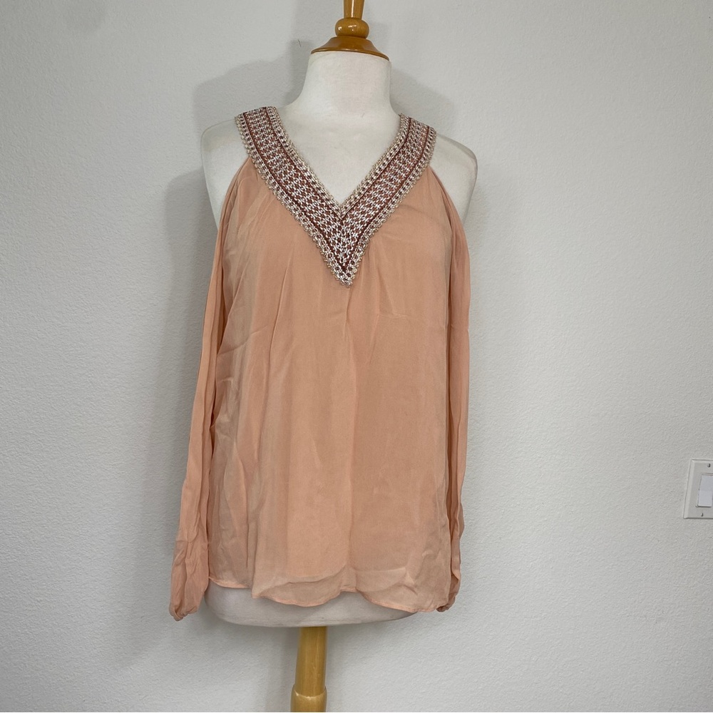 Love Sam Blush Metallic Embroidered Trim Cut Out Shoulder Blouse Size Small Boho
